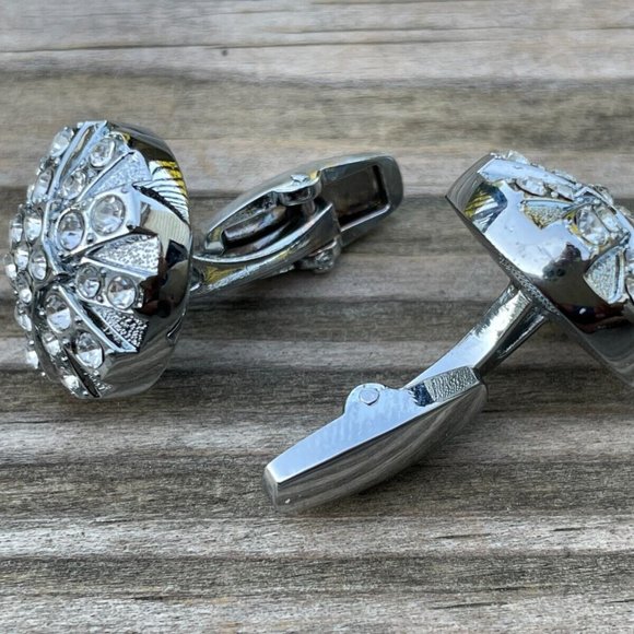 Cuff Links Men Shirt Crystal Accent Studd Cufflink Silver Tone Cuff link - Picture 9 of 12